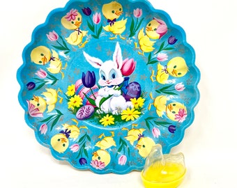 Vintage Easter Serving Dish PLUS Hen Candy Container, Plastic Bowl with Bunny and Chicks