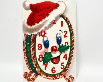 Vintage Christmas Card Anthropomorphic Clock, Funny Card