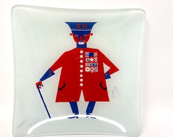 plat en verre vintage, design Kenneth Townsend, British Royal Hussar, plateau à bibelots, cadeau pour les amateurs de voyages