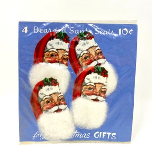Selos de NATAL Vintage, Papai Noel com barbas, NOS Novo estoque antigo, pacote com 4 adesivos de presente de Papai Noel