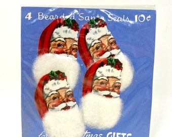 Vintage CHRISTMAS Seals, Santa with Beards, NOS New Old Stock, Package of 4 Santa Claus Gift Stickers