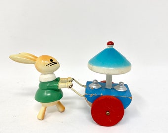 Vintage Wooden Figurine, White Bunny Pushing Ice Cream Cart