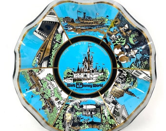 Vintage Walt Disney World Souvenir Glass Dish, Small World, Castle, Monorail