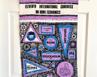 Vintage Souvenir Tea Towel, Abstract Design, International Congress on Home Economics, Dated 1968