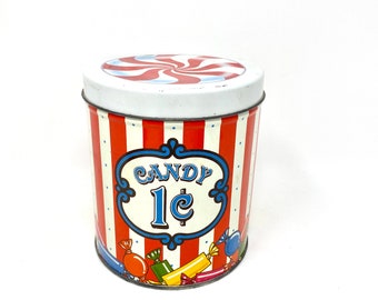 Vintage Striped Candy Tin,  One Cent Penny Candy, GREAT for Display