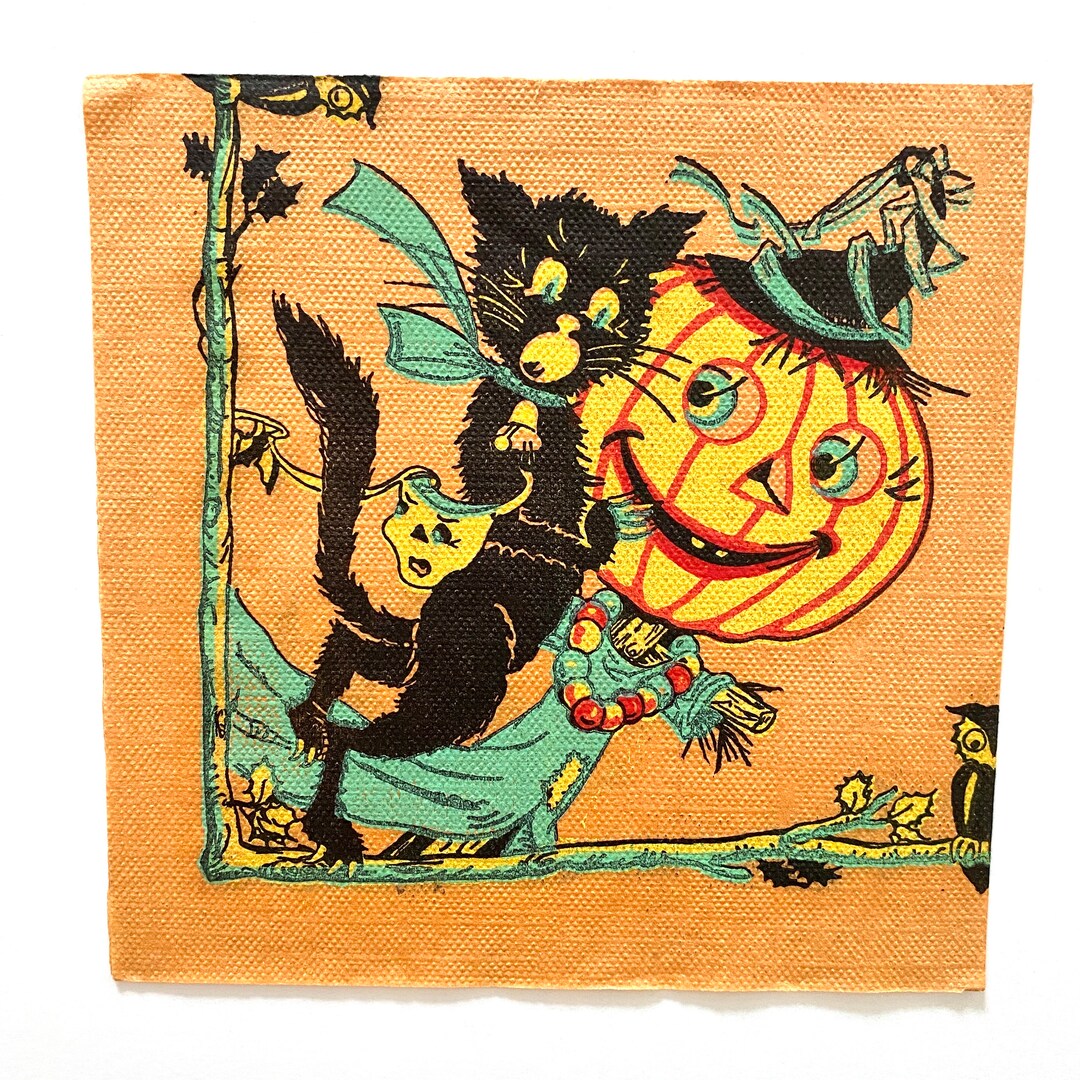 Vintage Halloween Paper Napkin Black Cat Jackolantern Etsy