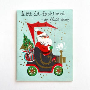 Vintage Christmas Card, Santa Claus in Car, Mid-century Holiday Illustration, NOS New Old Stock