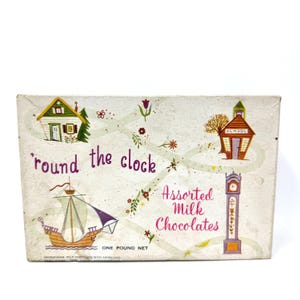 Vintage snoepdoos, de klok rond melkchocolade, lege doos
