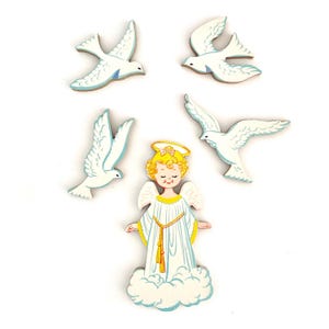Decoração de parede de berçário vintage, quarto infantil, pombas de anjo, papelão prensado, design de meados do século