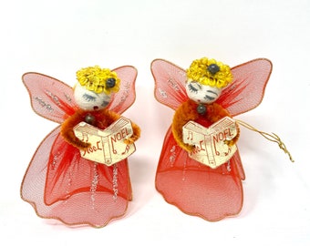 Vintage RED Angel Picks, Spun Cotton Head, Tulle Skirt, Package Toppers, Christmas Ornaments