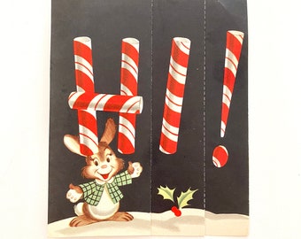 Vintage Christmas Card Candy Cane Letters, Bunny Rabbit, Mid-century Holiday Illustrations