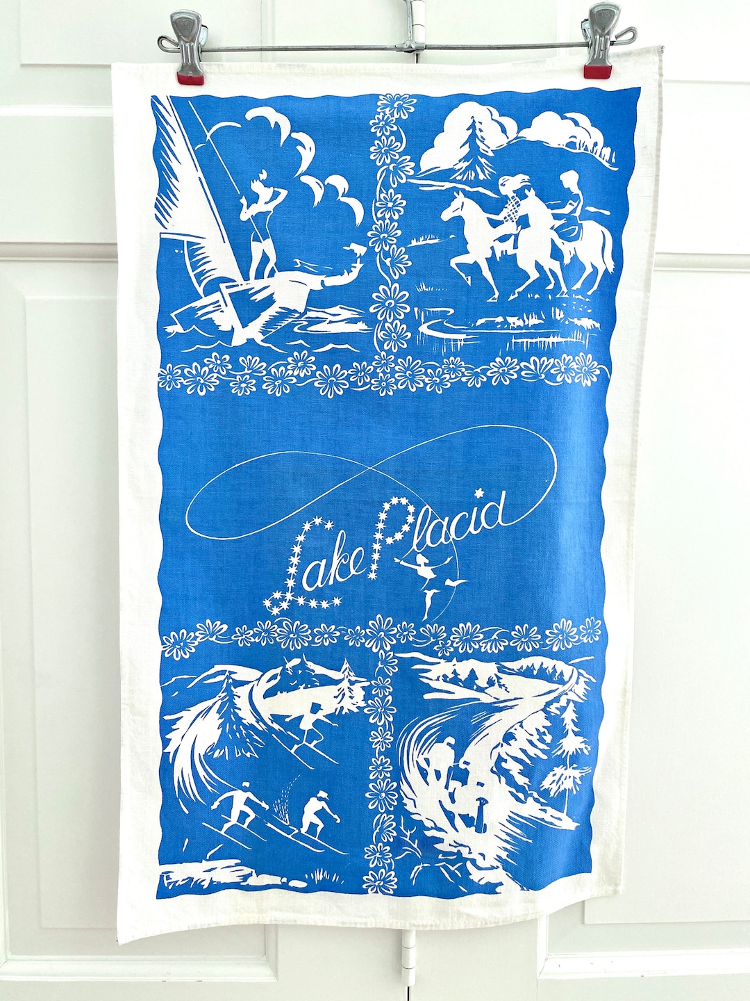 Vintage Souvenir Towel Lake Placid Blue and White Etsy