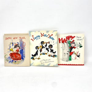 Tarjetas de felicitación de Año Nuevo antiguas, chicas fiesteras y pingüinos, NOS New Old Stock