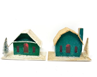 Vintage Putz Houses, Green Cottges, Christmas Village Display, Bottle Brush Trees