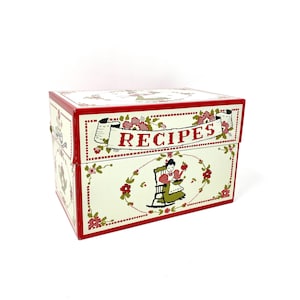 Vintage archiefdoos voor recepten, decor landelijke keuken, huisvrouw appeltaart, stylecraft, housewarmingcadeau