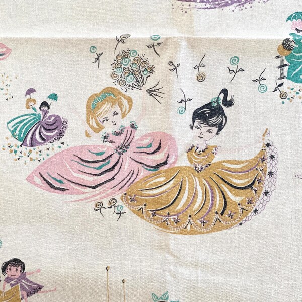 Vintage Fabric, Curtain Panels, WHIMSICAL Girls, Adorable Pattern