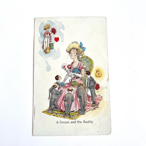 Cartolina antica, divertente sogno contro realtà, effimera di carta vintage