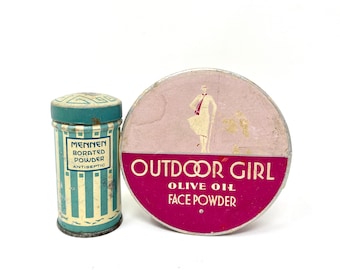 Vintage Sample Powder Tin, Mennen Miniature Shaker, Outdoor Girl Face Powder, Bathroom Display