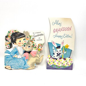 DEUX cartes de Pâques vintage, petite-fille lapin floqué, petit-fils marin lapin, poinçon et Norcross