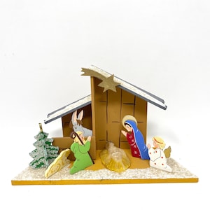 Vintage Wooden Nativity, Wood Figurines Mary Joseph, Wax Baby Jesus, Erzgebirge Eastern Germany