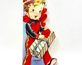 Vintage Bellhop Valentine's Day Card Die Cut, Gold Glitter