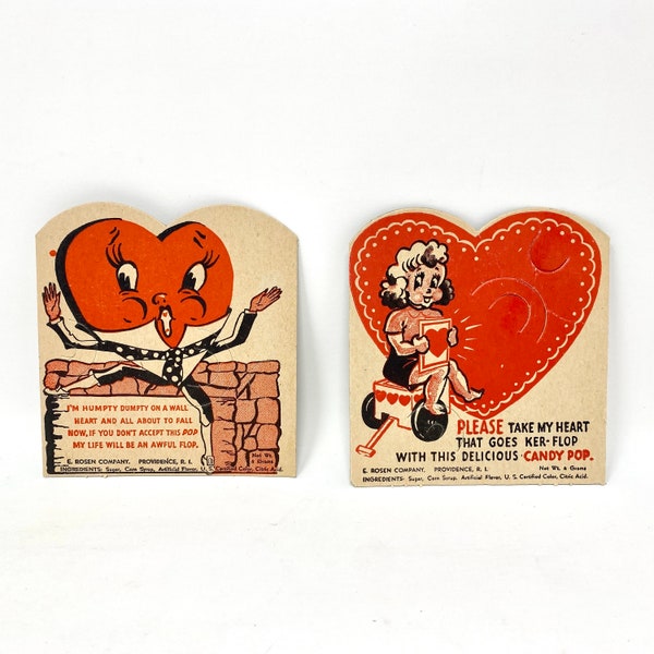 TWO Vintage Valentine's Day Cards, Rosen Cards for Lollipop Suckers, Humpty Dumpty and Cute Girl