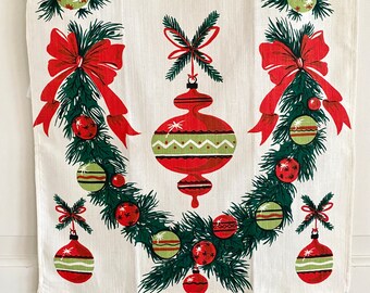 Vintage CHRISTMAS Towel Shiny Brite Ornaments Evergreen Garlands Simtex Tag