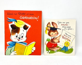 Vintage Graduation Cards, Anthropomorphic Dog and Bunny Rabbit, Greeting Card Booklet