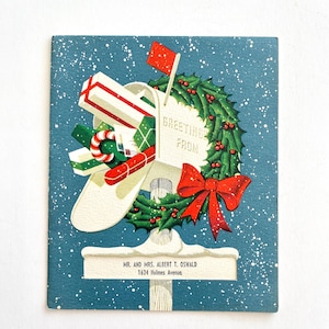 Vintage Weihnachtskarte, Briefkasten Geschenke Zuckerstange, Mitte des Jahrhunderts Feiertagsillustration
