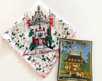 Vintage Hankie Virginia Souvenir, Colonial Williamsburg Handkerchief, Pyroglaze Dish, Gift for History Lover