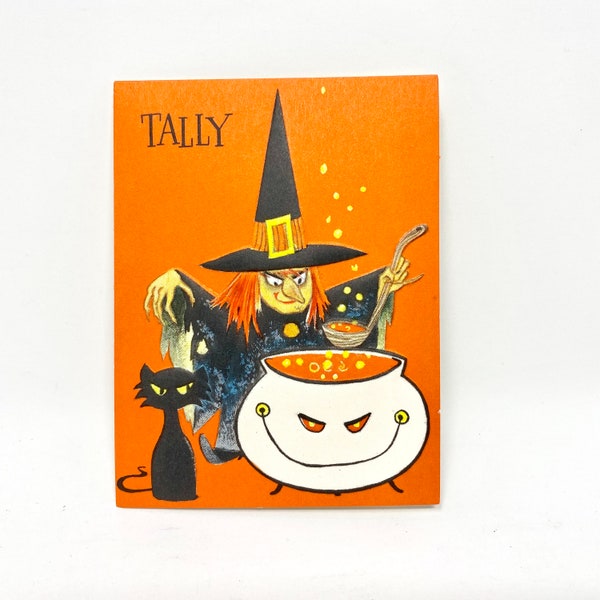 Vintage Halloween Witch, Bridge Tally, Black Cat Cauldron, Card Game, Hallmark Brand