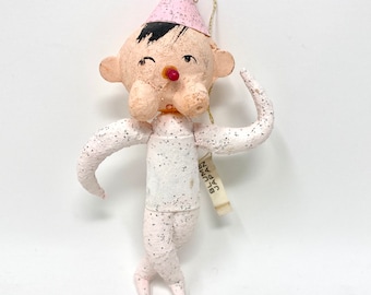 Vintage Spun Cotton Elf, Christmas Tree Ornament, Funny Chubby Cheeks