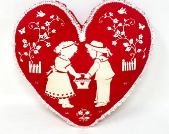 Vintage Valentine Heart Pillow, Gift for Girlfriend, Lace Trim, Cute Couple