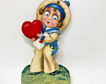 Vintage Valentine's Day Card, Mechanical Die Cut, Sailor with Moveable Eyes