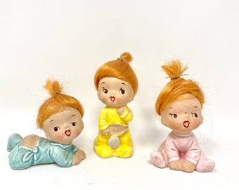 Ceramic Figurines with Red Hair, Vintage Baby Girls, McClurg Japan