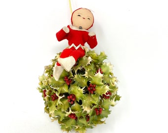 Vintage Pixie Christmas Ornament, Holiday Decoration, Hanging Holly Ball, Knee Hugger Elf