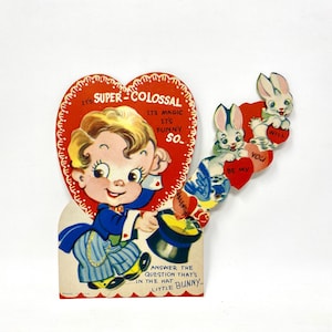 Carte de Saint-Valentin vintage, magicien avec des lapins, oiseau bleu, haut de forme