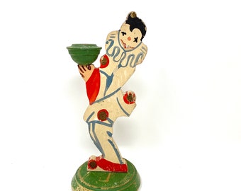 Vintage Wooden Candlestick Candle Holder, Harlequin Pierrot Clown Figurine Germany