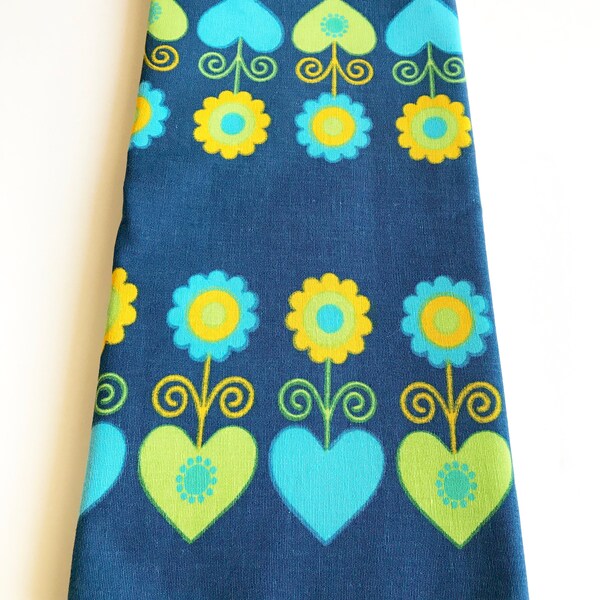 Vintage Swedish Table Cloth Blue Fabric Hearts Daisy Flowers Tablecloth