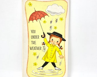 Vintage Get Well Karte, Mädchen mit Regenschirm Grußkarte, Silber Glitter, unbenutzt mit Umschlag