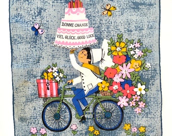 Vintage Birthday Handkerchief, Chef with Cake on Bike with Flowers