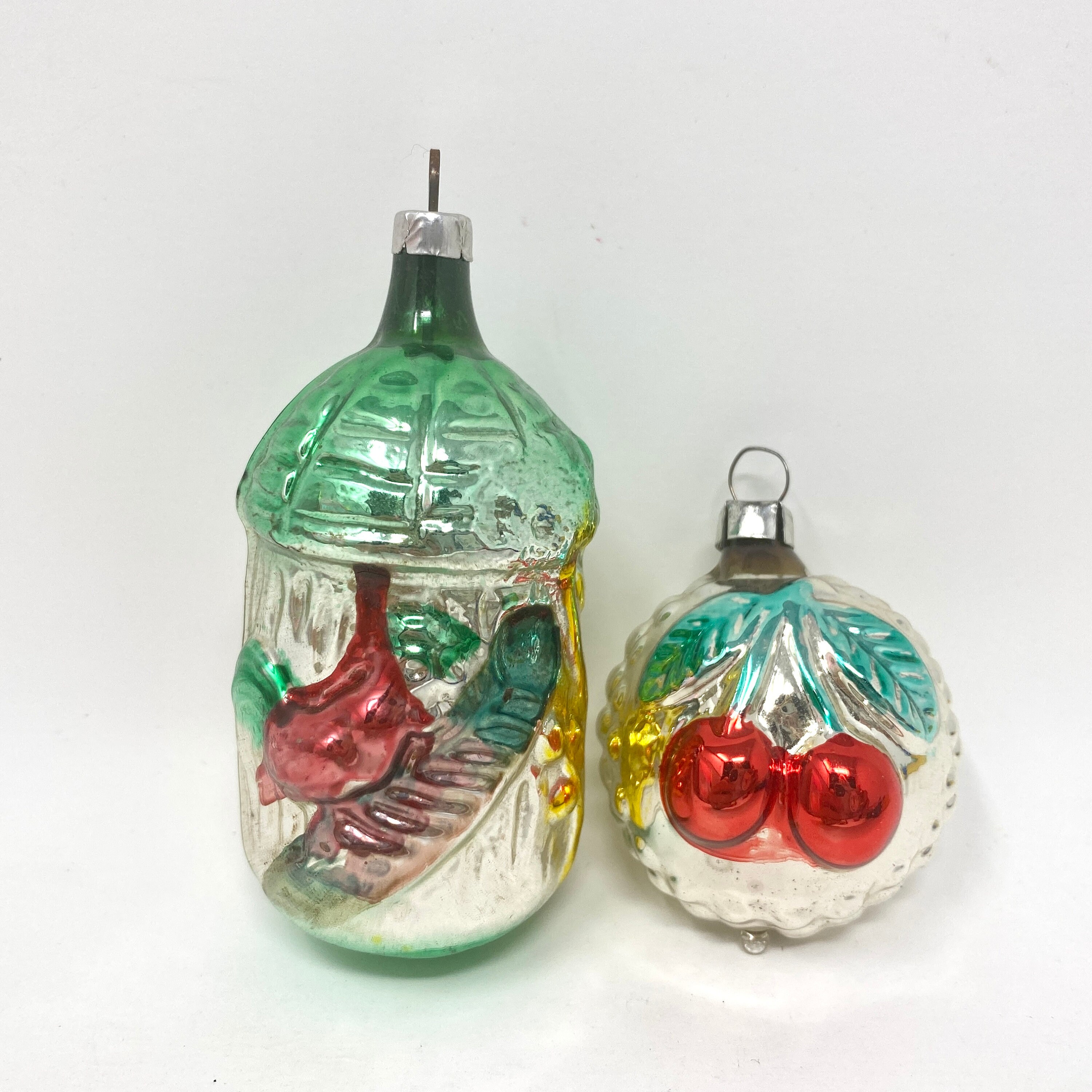 Vintage Bird and Cherry Christmas Ornaments Mercury Glass pic