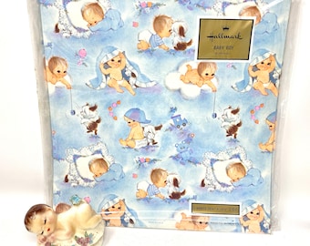 Vintage Wrapping Paper Baby Shower, TWO Full Unused Sheets Gift Wrap, Little Boy, NOS New Old Stock