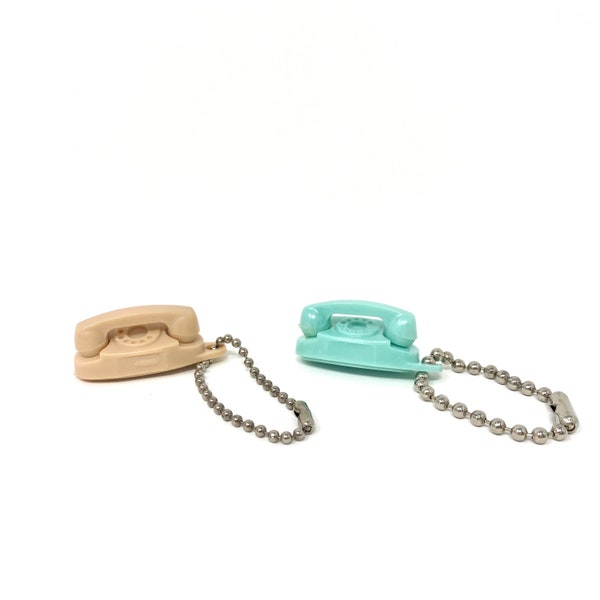 TWO Vintage Keychains Miniature Princess Telephones, Aqua Blue and Beige