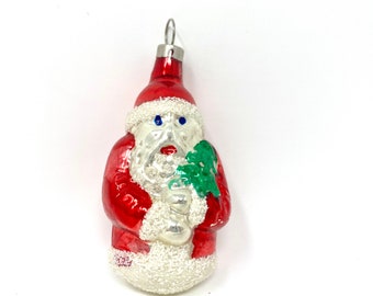 Vintage Christmas Tree Ornament, Hand Blown Glass Santa Claus, Mica Accents