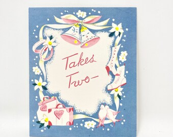 Vintage Wedding Card, Anthropomorphic Bells, Blue and Pink Greeting Card, Unused