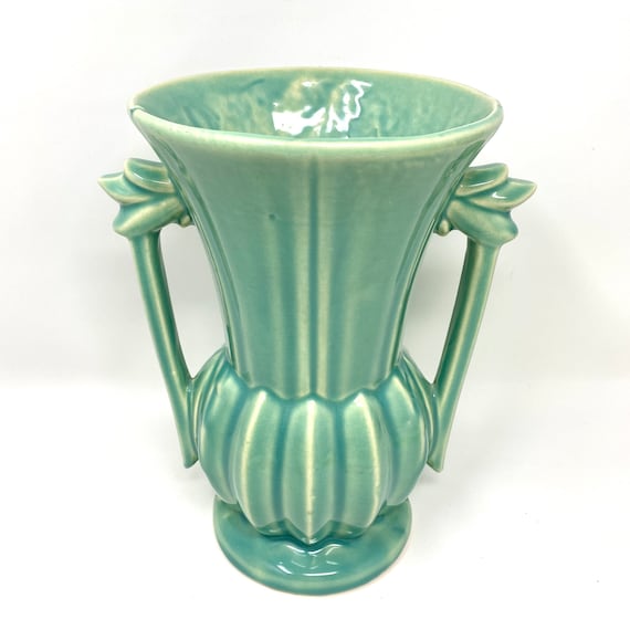 Vintage Mccoy Flower Vase Green Urn Art Deco Style Etsy