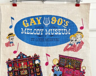 RARE Vintage Souvenir Towel, Gay 90s Melody Museum, St Louis History, Wall Hanging Textile