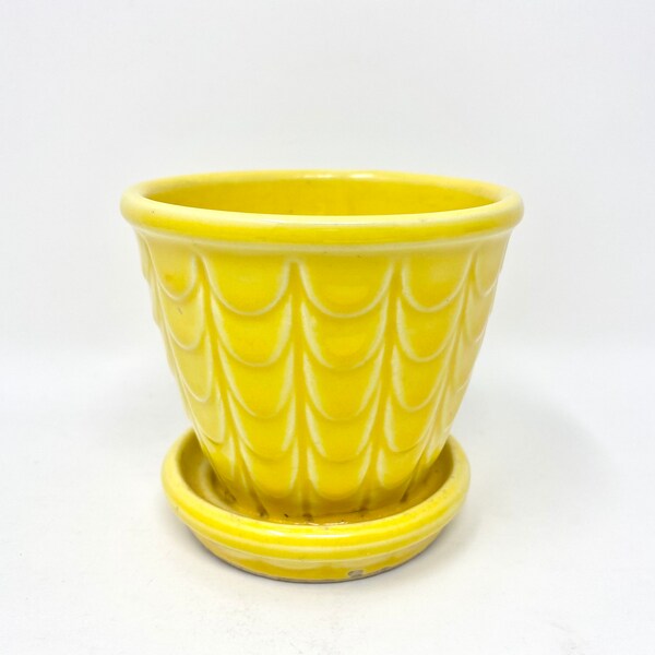 Vintage Flower Pot, Sunny Yellow Planter, Attached Saucer, Scalloped Scale Pattern