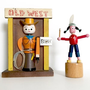 Vintage Bank Old West Cowboy and Push Puppet Native American Indian image 1